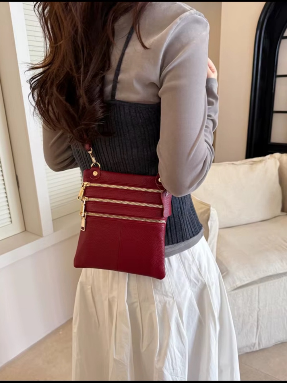 Compact Red Leather Crossbody with Triple Gold Zippers